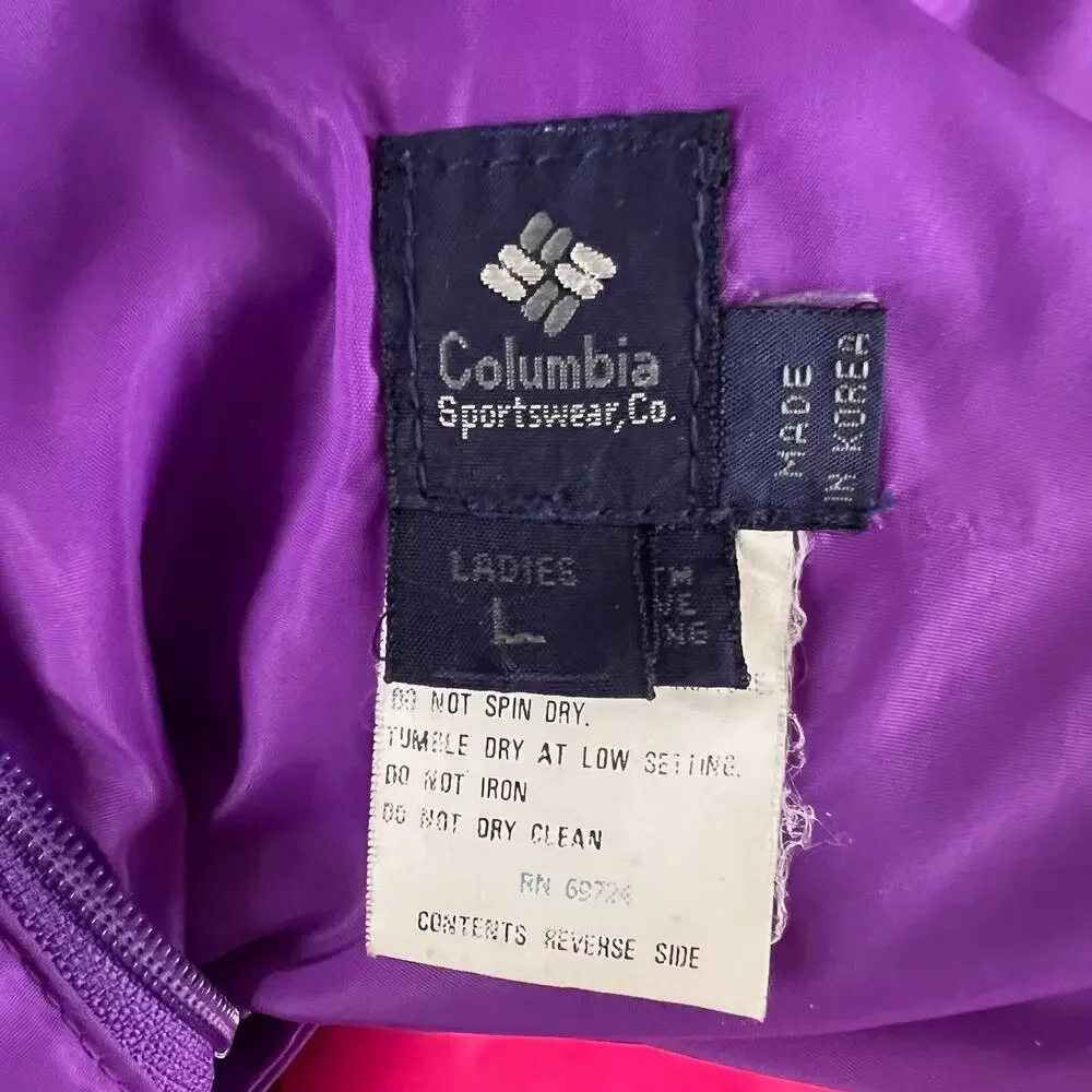 Vintage Columbia Reversible Down Puffer Jacket L Purple Pink 90s Colorblock Coat